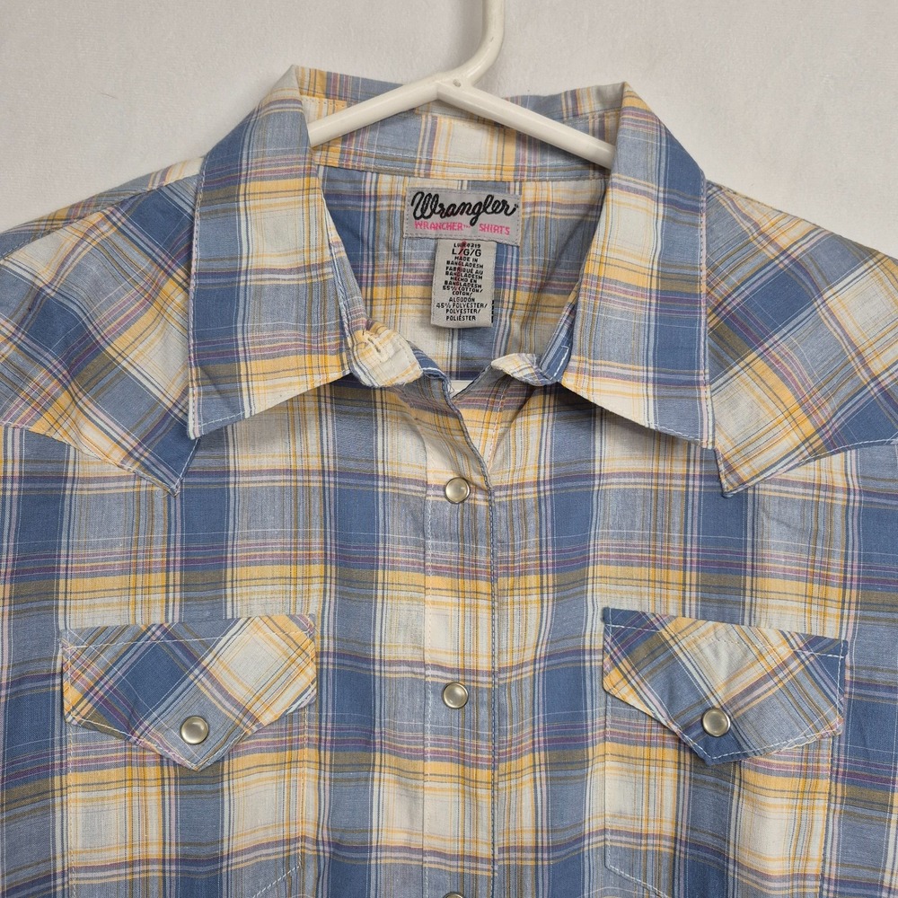 Wrangler Womens L Western Plaid Pearl Snap Shirt Long Sleeve Blue Yellow Cowgirl - Picture 3 of 8